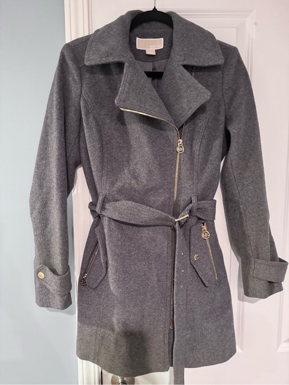 Michael Kors Gray Belted Wool-Blend Trench Coat with Gold Hardware